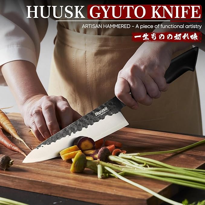 Huusk Professional Japanese Chef Knife - Hand Forged VG10 Kitchen Knives for Meat & Veggie Precise Slicing 8 inch Gyuto with Ergonomic Ebony Handle Premium Wooden Gift Box - Image 2