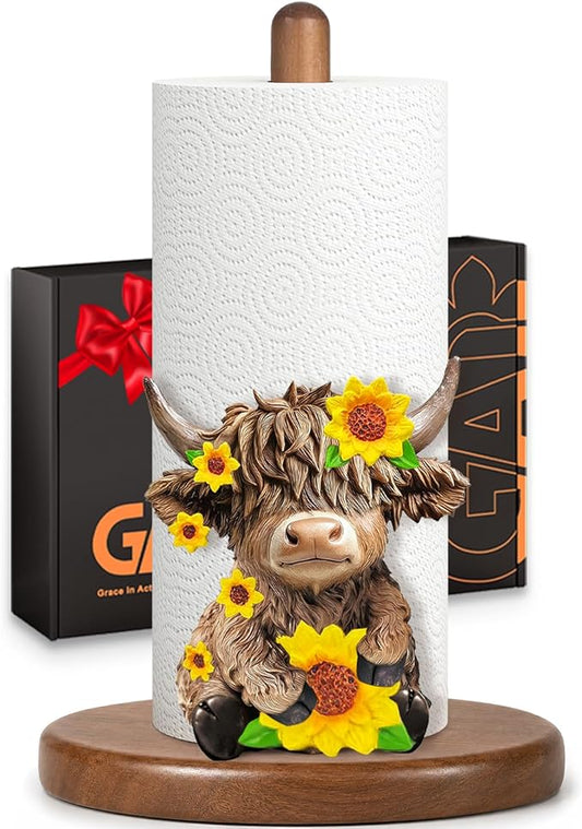 Highland Cow Paper Towel Holder, Cute Highland Cow Decor for Farmhouse Kitchen Bathroom Countertop, Wooden Stand with 3D Accent, Fits Standard & Jumbo Rolls, Gifts for Women Mom Grandma