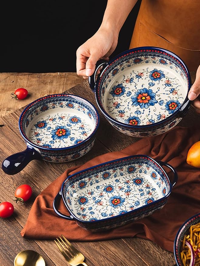 Blue and Orange Flower Vintage Style Ceramic Bakeware Casserole Lasagna Pans Baking Dish with Handles for Oven/Cooking/Kitchen-1 PCS-32 OZ - Image 5