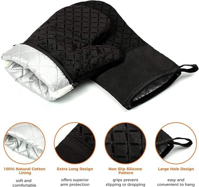 4PCS Oven Mitts and Pot Holders Sets 500°F Pot Holders for Kitchen Heat Resistant Oven Gloves Anti-Slip Silicone Stripe Oven Mitts Heat Resistant Hot Pads Oven Mits Potholders for Kitchens (Black)