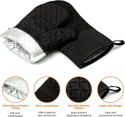 4PCS Oven Mitts and Pot Holders Sets 500°F Pot Holders for Kitchen Heat Resistant Oven Gloves Anti-Slip Silicone Stripe Oven Mitts Heat Resistant Hot Pads Oven Mits Potholders for Kitchens (Black)