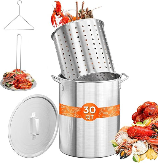 ROVSUN 30QT Turkey Fryer Pot & Seafood Boil Pot with Strainer Basket, Lid, Hook & Steamer, Aluminum Stockpot for Turkey Frying & Crab, Lobster, Shrimp Boiling for Outdoor Cooking & Gatherings by ROVSUN