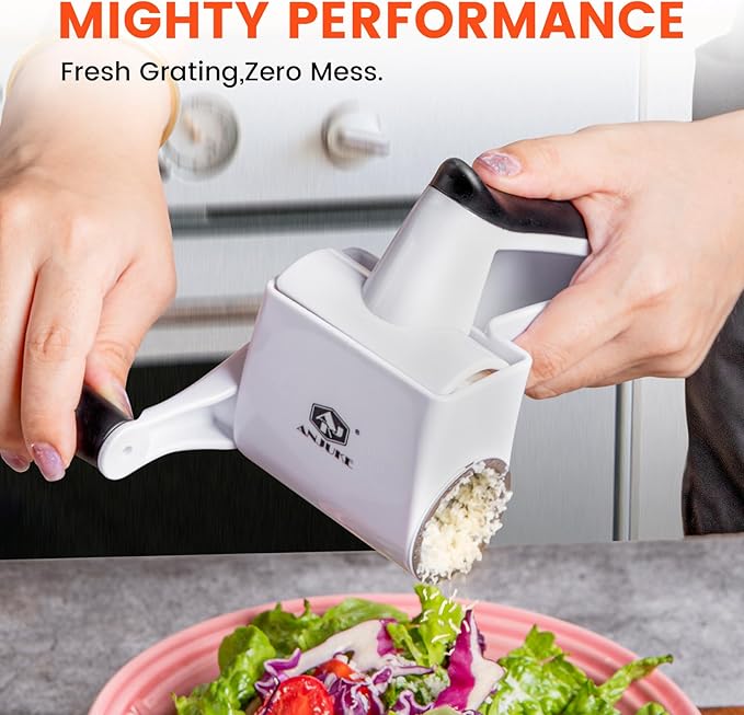 Rotary Cheese Grater Hand Crank - Heavy Duty Manual Shredder with 2 Stainless Steel Drums (Fine & Coarse), Non-Slip Handle, Dishwasher Safe for Parmesan, Chocolate, Nuts & Veggies