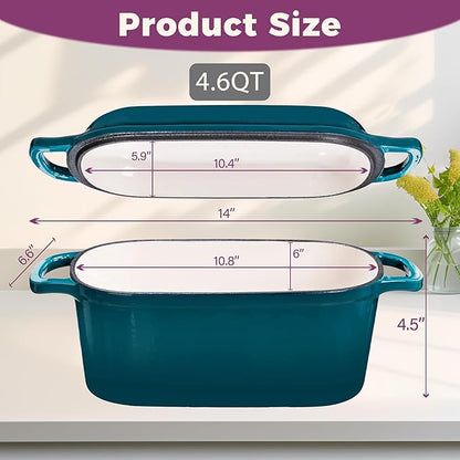 4.6-Quart Oval Dutch Oven for Bread Baking, 2 in 1 Enameled Cast Iron Bread Pan with Lid, Sourdough Bread Dutch Oven for a Crispy Crust, Teal