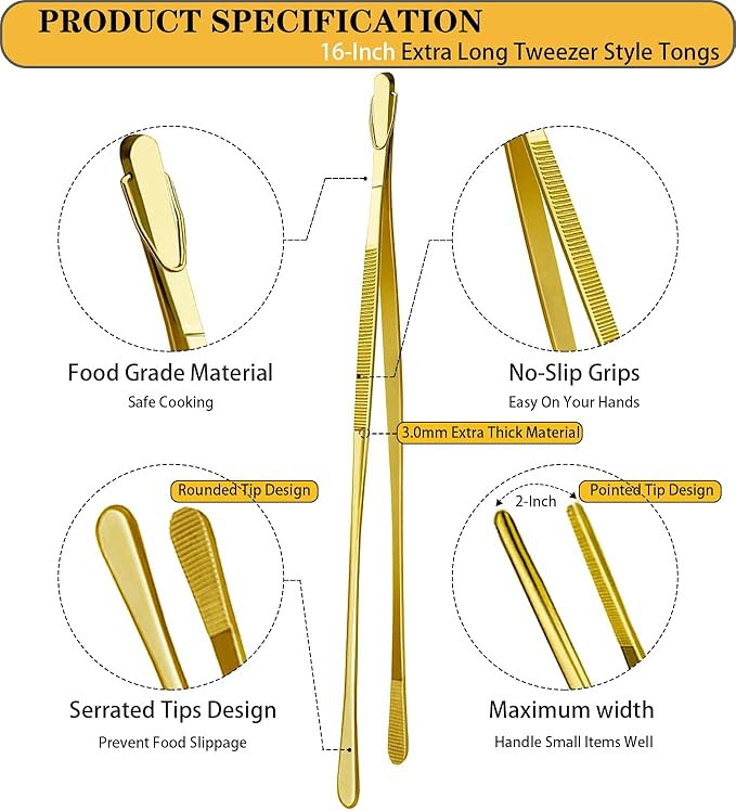 JETKONG 2 Pcs 16-Inch Heavy Duty Cooking Tweezers Extra Large Stainless Steel Food Tweezers Gaint Kitchen Tweezer Tongs (Gold) - Image 2