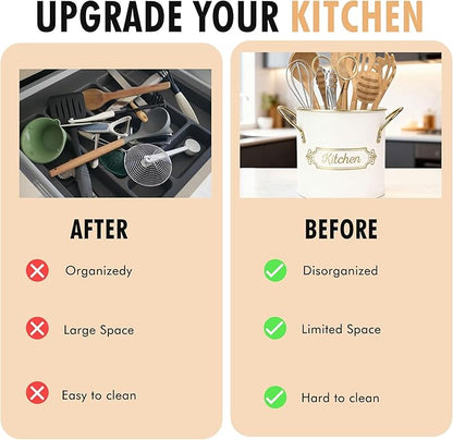 Kitchen Utensil Holder, 5.1" Metal Cooking Utensil Crock with with Removable Divider, Modern Farmhouse Kitchen Decor, Countertop Utensil Organizer for Spoons Cooking Tools