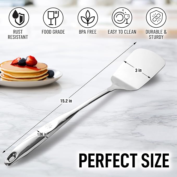 Zulay Kitchen Stainless Steel Solid Turner - 15” Large Metal Spatula for Cooking, Frying & Grilling - Durable, Heat-Resistant & Dishwasher Safe Kitchen Utensil for Everyday Use - Image 5