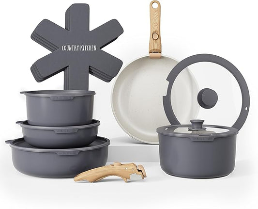 Country Kitchen Cookware Set with Removable Handle, Oven & RV Safe Pots and Pans Set, Grey/Ivory Wood Handle, Original by CountryKitchen