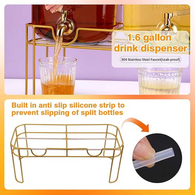 1.6 gallon Glass Beverage Dispenser with Stand, 2PACK Lemonade Dispenser with Spigot Stainless Steel, Drink Dispensers for Parties,Picnic,Weddings(Golden) - Image 3
