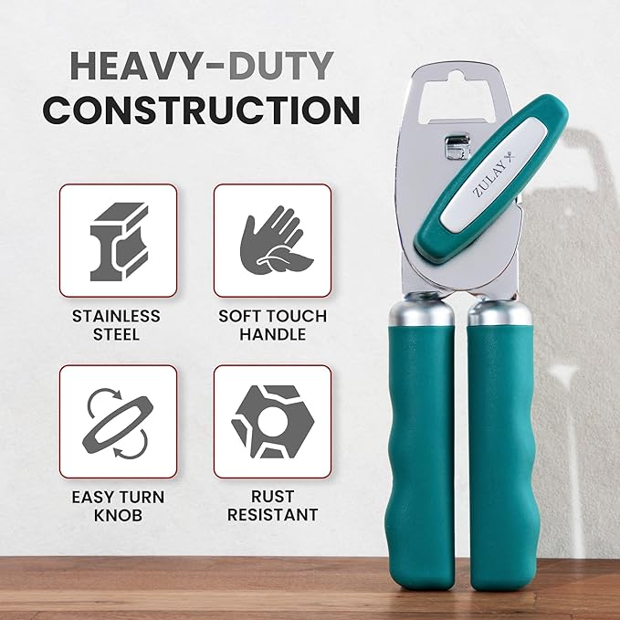 Zulay Kitchen Heavy Duty Stainless Steel Can Opener Manual with Bottle Opener - Rust Proof Manual Can Opener With Turn Knob & Comfy Soft Grip Handles - Emerald - Image 3
