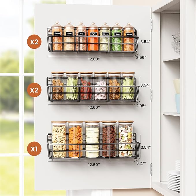 Mystozer 5 Pack Spice Rack Seasoning Organizer Wall Mount, Screw or Adhesive Hanging Shelf Basket Spice Organizer Shelf for Kitchen, Black - Image 2