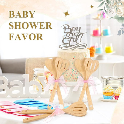 Reallnaive 24 Pcs Bamboo Spatula Wooden Kitchen Utensil Bulk 12''wood Spoon Spatula for Cooking with Ribbon Bridal Baby Shower Game Prize Wedding Party Favors Housewarming Gift (Heart Style)