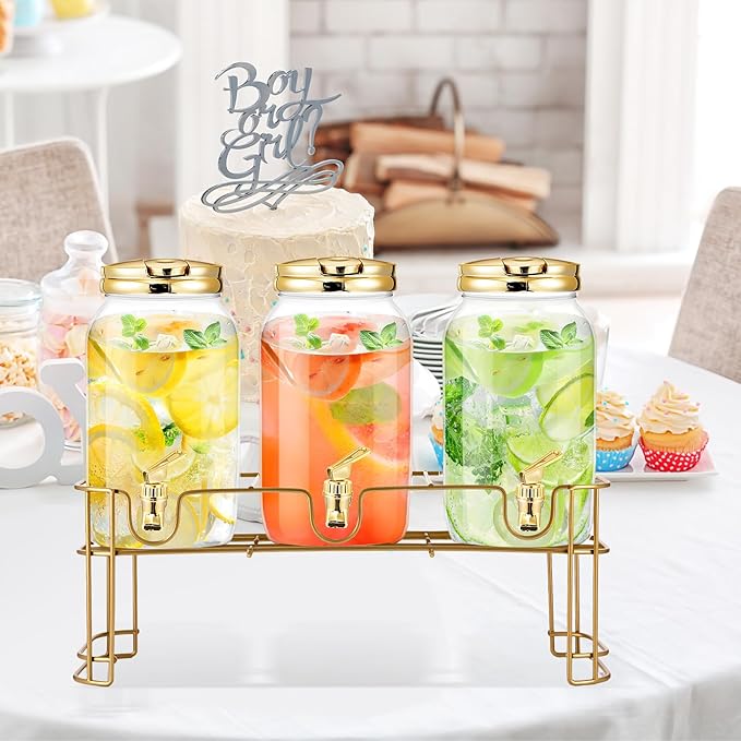 Tanlade 3 Pcs Plastic Drink Dispenser with Stand Beverage Dispenser with Sturdy Metal Base Juice Dispensers for Parties Lemonade Jar Spigot for Weddings Countertop, Each 1 Gallon(Gold)