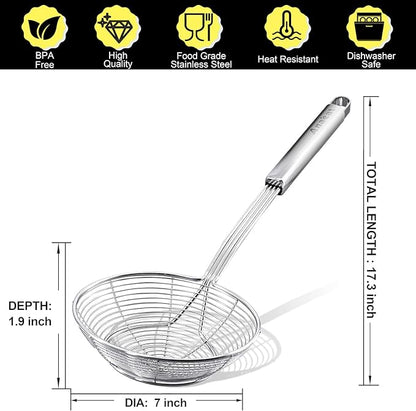 Anaeat Stainless Steel Spider Strainer Skimmer - Solid Kitchen Strainer Ladle with Long Handle for Cooking and Frying, Reinforced Double Coil Slotted Spoons for Pasta, Noodle, Spaghetti (7 Inch)