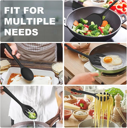 TeamFar Silicone Cooking Utensils Set, 5-Piece Heat Resistant Kitchen Utensils Set, Nonstick Slotted Solid Spoon Turner Pasta Server for Frying, Serving, Mixing, Non-Toxic & Dishwasher Safe, Black - Image 5
