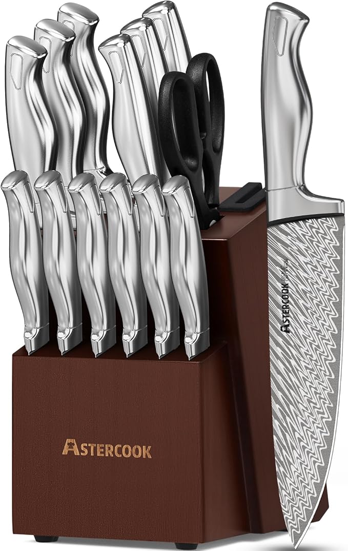 Astercook Knife Set, 15-Piece Kitchen Knife Set with Block, Built-in Knife Sharpener, German Stainless Steel Knife Block Set, Dishwasher Safe - Image 8