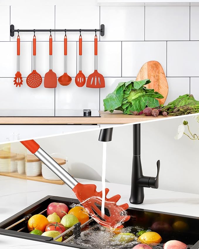Silicone Cooking Utensil Set, 8Pcs Non-stick Cookware with Stainless Steel Handle, BPA Free Heat Resistant Kitchen Tools with Spatulas, Turners, Spoons, Skimmer and Pasta Fork (RED) - Image 5