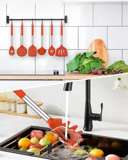 Silicone Cooking Utensil Set, 8Pcs Non-stick Cookware with Stainless Steel Handle, BPA Free Heat Resistant Kitchen Tools with Spatulas, Turners, Spoons, Skimmer and Pasta Fork (RED) - Image 5