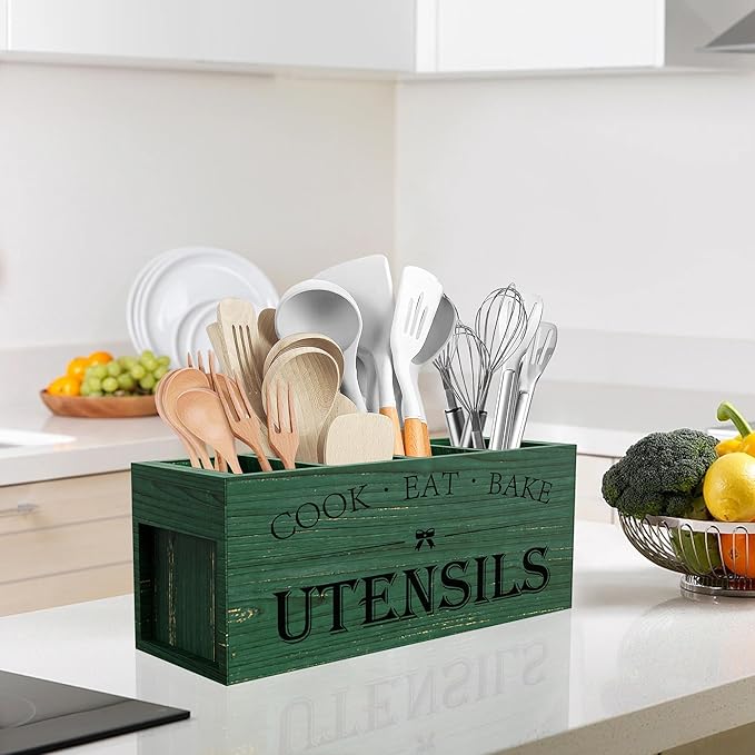Suli Extra Large Kitchen Utensils Holder with 4 Compartments, Wooden Utensil Organizer for Kitchen Countertop, Farmhouse Decor, Rustic Cooking Utensil - Green grain - Image 7