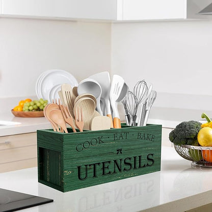 Suli Extra Large Kitchen Utensils Holder with 4 Compartments, Wooden Utensil Organizer for Kitchen Countertop, Farmhouse Decor, Rustic Cooking Utensil - Green grain - Image 7