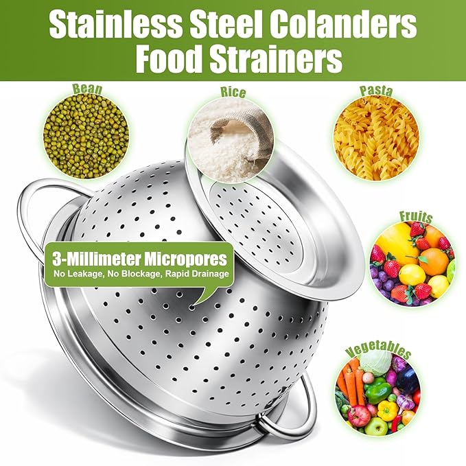 Palksky Stainless Steel Colander Set with Handles & Self-Draining Base, 3 Sizes (7”, 9”, 11”), Heavy Duty Pasta Strainer, Rice & Vegetable Strainer, Countertop Draining System - Image 6