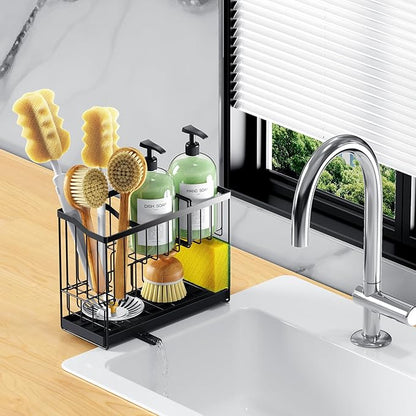 Kitchen Sink Caddy, 2-Tier Self-Draining Sponge & Dish Brush Holder, Rustproof 304 Stainless Steel Space-Saving Organizer with Drying Tray, Black - Image 7