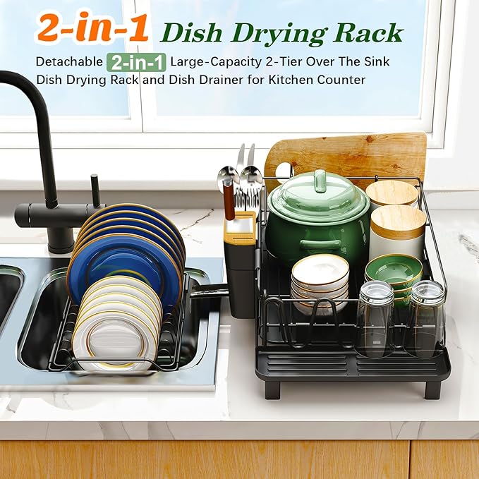 Runnatal Large Dish Drying Rack with Drainboard Set, Stainless Steel Detachable 2-in-1 Large-Capacity 2-Tier Over The Sink Anti-Rust Dish Rack and Dish Drainer for Kitchen Counter - Image 3