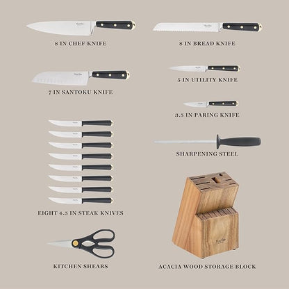 Martha Stewart 16-Piece Lockton High Carbon Stainless Steel Knife Block Set - Forged Full Tang Chef Knives, Acacia Wood Block, Triple Riveted Handles, Black & Gold - Image 3