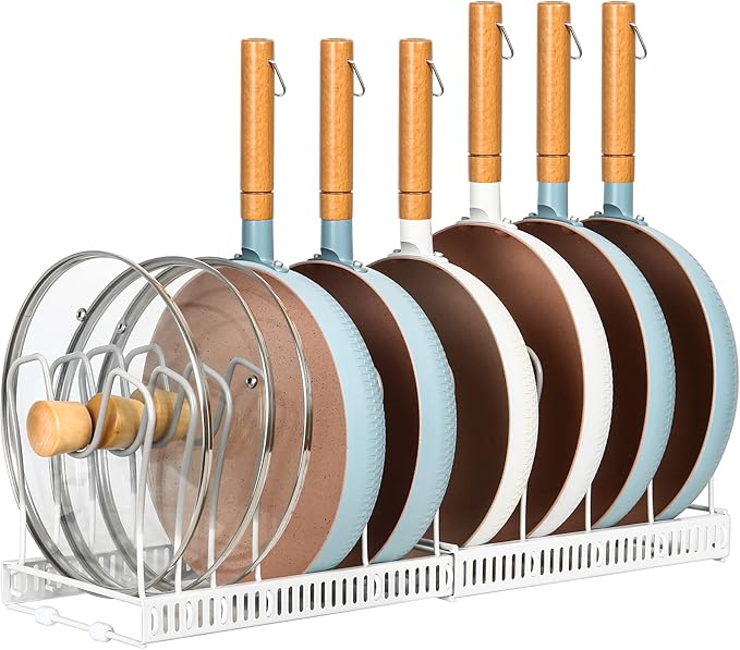 ROOHUA Pot Rack Organizer -Expandable Pot and Pan Organizer for Cabinet,Pot Lid Organizer Holder with 10 Adjustable Compartment for Kitchen Cabinet Cookware Baking Frying Rack by ROOHUA