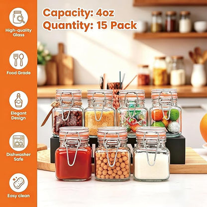 Flrolove 4oz Small Spice Jars with Lids, 15 Pack Airtight Glass Jars, Small Spice Containers Includes Labels & Rubber Gaskets for Kitchen, Jam, Herbs, Crafts, Wedding - Image 2