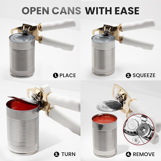 Zulay Kitchen Heavy Duty Stainless Steel Can Opener Manual with Bottle Opener - Rust Proof Manual Can Opener With Turn Knob & Comfy Soft Grip Handles - White & Gold - Image 6