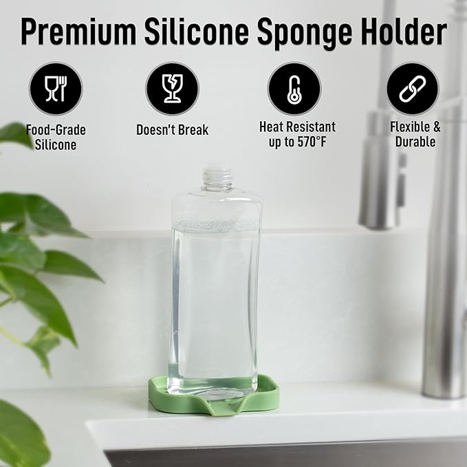 Zulay Kitchen Small Silicone Sponge Holder (4.9x3.3”) – Space-Saving Sink Organizer Tray for Sponge, Soap, Brush & More – Compact Non-Slip Dish for Kitchen & Bathroom (Jade Green) - Image 2