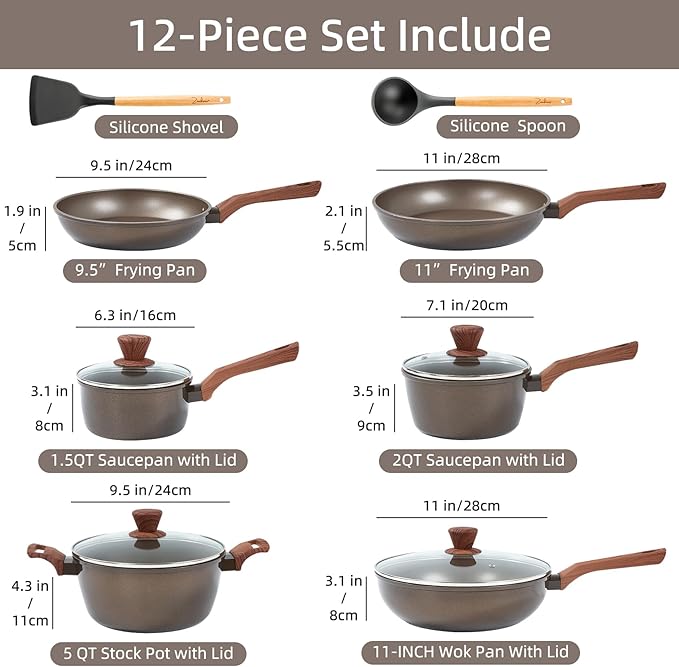 12Pcs Pots and Pans Set, Nonstick Cookware Sets, Non Stick Pots and Pan Set with Frying Pans, Saucepans, Steamer Silicone Shovel Spoon - Image 2