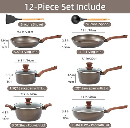 12Pcs Pots and Pans Set, Nonstick Cookware Sets, Non Stick Pots and Pan Set with Frying Pans, Saucepans, Steamer Silicone Shovel Spoon - Image 2
