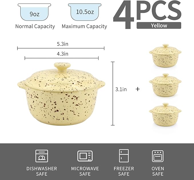 4-Piece 10 Oz Mini Ceramic Cocotte Set with Lids & Handles - Oven-Safe Casserole Dishes Ideal for Souffle, Soup, Cobbler & More, Stoneware Baking Ramekins, Yellow