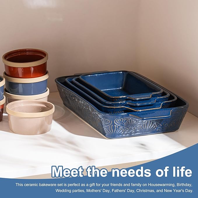 Dafuceramic Casserole Dishes for Oven, Baking Dishes, Ceramic Bakeware Sets of 4, Rectangular Baking Pan Set with Handles for Baking, Casserole, Kitchen, Wedding Gift (Blue) - Image 7