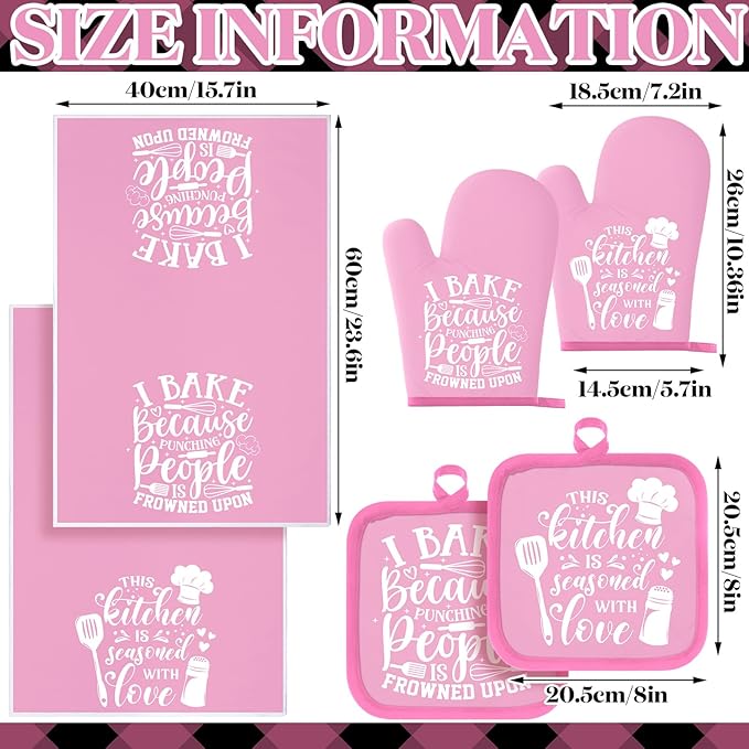 Sratte 6 Pcs Kitchen Decor Accessories Set Farmhouse Towels Pot Holders Oven Mitts Set 2 Dish Towels 2 Potholders 2 Cooking Mittens Oven Glove for Baking Cooking(Light Pink,Kitchen) - Image 4