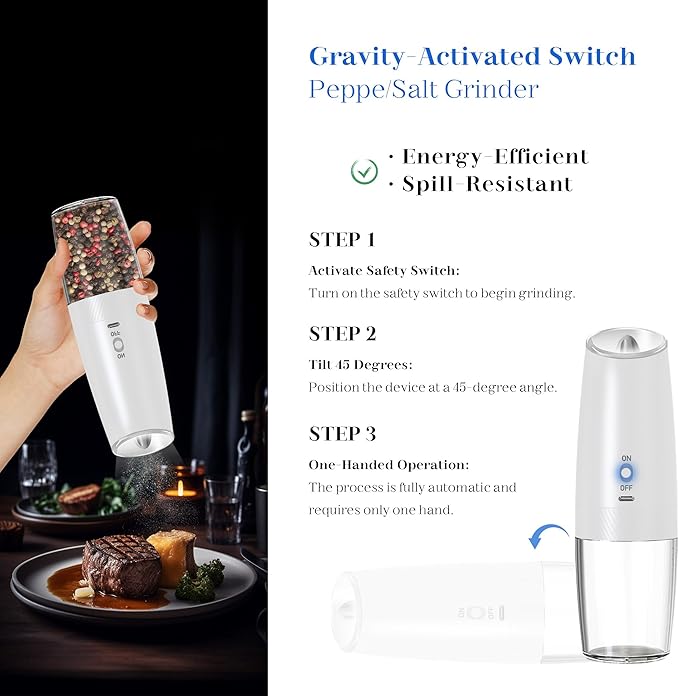 UNNEES Rechargeable Electric Salt and Pepper Grinder Set, Gravity Activated, Adjustable Coarseness, LED Light, USB Charging, Ceramic Core, 150ml Transparent Hopper, Black + White - Image 2