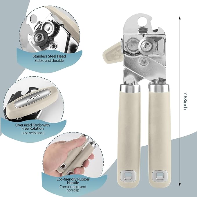 Safring Can Opener Manual, Heavy Duty Handheld Strong Can Opener with Soft Touch Handle, Sharp Blade Smooth Edge, Can Openers with Multifunctional Bottle Opener, Beige - Image 2