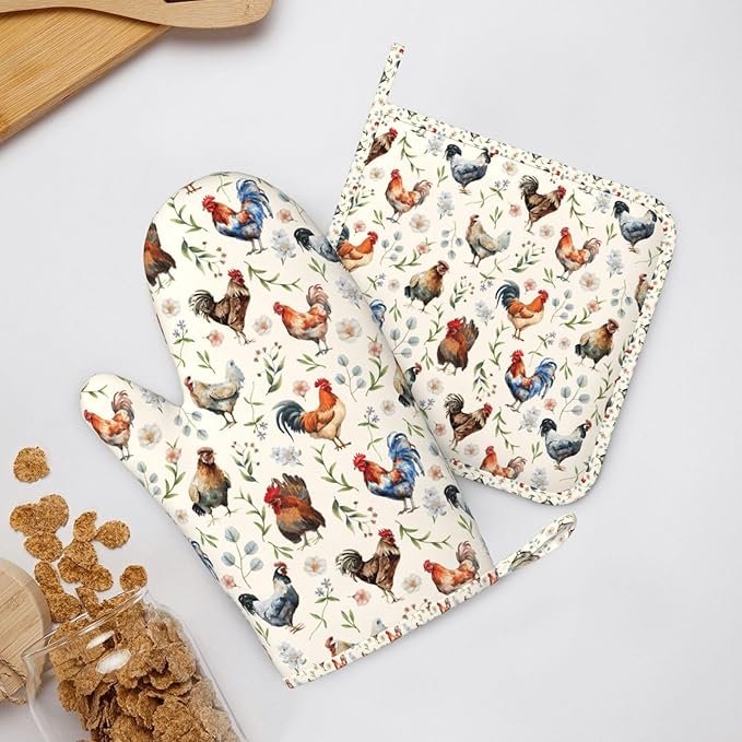 Cute Chicken Oven Mitts and Pot Holders Set, Heat Resistant & Non-Slip Silicone Oven Gloves for Handling Hot Pots, Pans, Baking, Grilling and BBQ