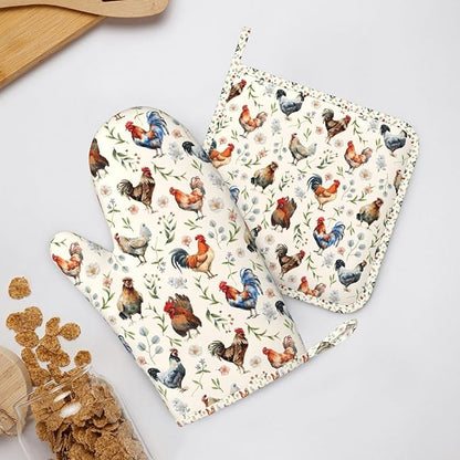 Cute Chicken Oven Mitts and Pot Holders Set, Heat Resistant & Non-Slip Silicone Oven Gloves for Handling Hot Pots, Pans, Baking, Grilling and BBQ