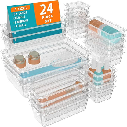 WOWBOX 24 PCS Clear Plastic Drawer Organizer Set, 4 Sizes Desk Drawer Organization and Storage Containers for Makeup, Cosmetics, Jewelry and Gadgets in Kitchen, Bathroom, Bedroom, Office, Clear by WOWBOX