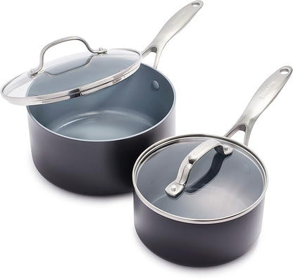 GreenPan Valencia Pro Ceramic Nonstick 1.66QT & 3.3QT Saucepan Pots with Lids Set, Hard Anodized PFAS-Free Cookware, Induction Ready & All Cooktops, Soup & Sauce, Dishwasher & Oven Safe to 600F, Gray by GreenPan