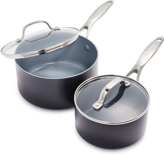 GreenPan Valencia Pro Ceramic Nonstick 1.66QT & 3.3QT Saucepan Pots with Lids Set, Hard Anodized PFAS-Free Cookware, Induction Ready & All Cooktops, Soup & Sauce, Dishwasher & Oven Safe to 600F, Gray by GreenPan