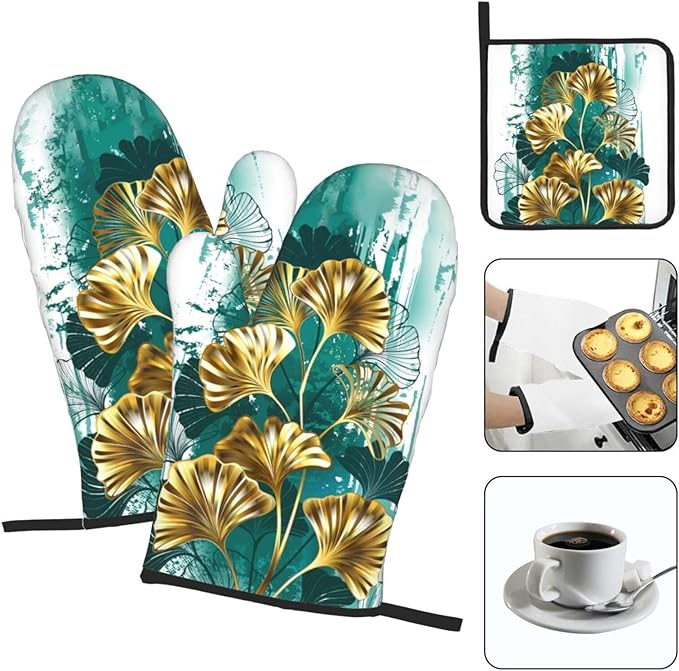 Teal Gold Green Leaves Oven Mitts and Pot Holders Set Heat Resistant Non Slip Set of 3 Decorative Kitchen Gloves Hot Pads for Cooking BBQ Baking Grilling - Image 3