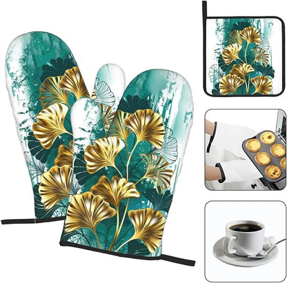 Teal Gold Green Leaves Oven Mitts and Pot Holders Set Heat Resistant Non Slip Set of 3 Decorative Kitchen Gloves Hot Pads for Cooking BBQ Baking Grilling - Image 3