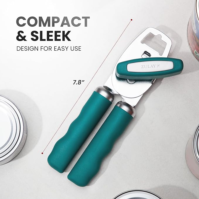Zulay Kitchen Heavy Duty Stainless Steel Can Opener Manual with Bottle Opener - Rust Proof Manual Can Opener With Turn Knob & Comfy Soft Grip Handles - Emerald - Image 2