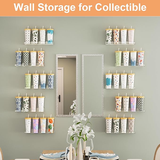 upsimples 8 Pack Acrylic Shelves Wall Organizer and Storage, 15" Display Shelf for Figure, Toy Cars, Perfume, Kids Bookshelf for Bedroom, Nursery, Craft Room, Clear - Image 7