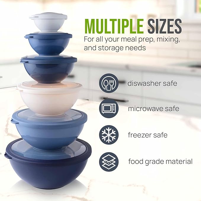Zulay Kitchen 12 Piece Plastic Mixing Bowls with Leak-Proof Lids Set - Microwave and Freezer Safe Kitchen Mixing Bowls for Preparing, Serving and Storing - Large Nesting Bowls (Navy Ombre) - Image 3