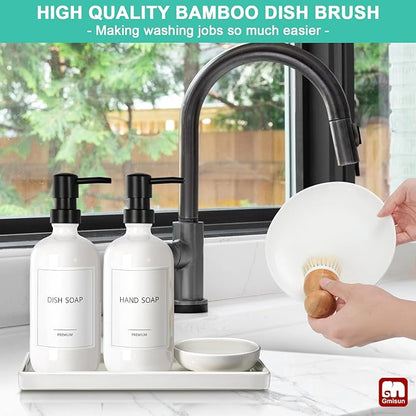 GMISUN Kitchen Soap Dispenser Set, 16 Oz Hand and Dish Soap Dispenser with Ceramic Tray & Bamboo Dish Brush, 2 Pack White Glass Liquid Pump Bottle, Modern Farmhouse Refillable Dish Soap Bottle - Image 5